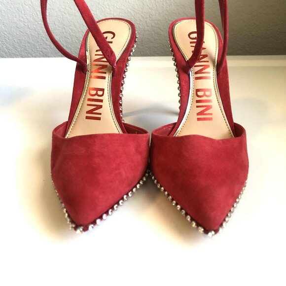 NWOT GIANNI BINI Kahleaa Cherry Red Suede Slingback Pumps Rhinestone Trim 7 - Picture 5 of 7